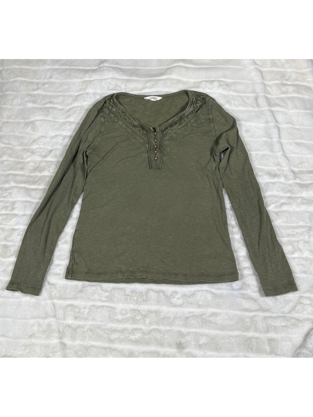 Lucky Brand Women's L Olive Green Fall Winter Goblin Casual Henley Tee School